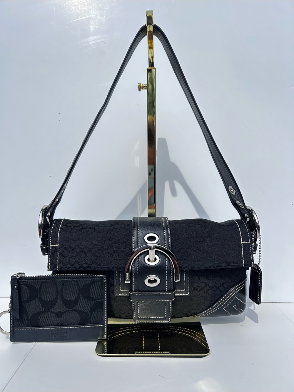 Vintage Y2K Coach Soho Black Signature Flap Bag 3628 & Matching Card Wallet Set